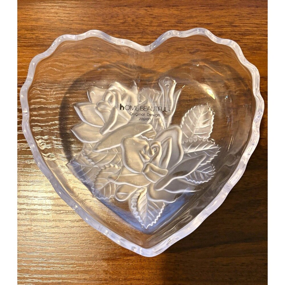 Home Beautiful Clear Heart-Shaped Glass Bowl, Floral Rose, Japan, Printed